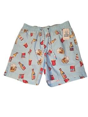 NWT Party Pants Beer Me Shorts Small Light Blue Pockets Swim Trunks Quick Dry